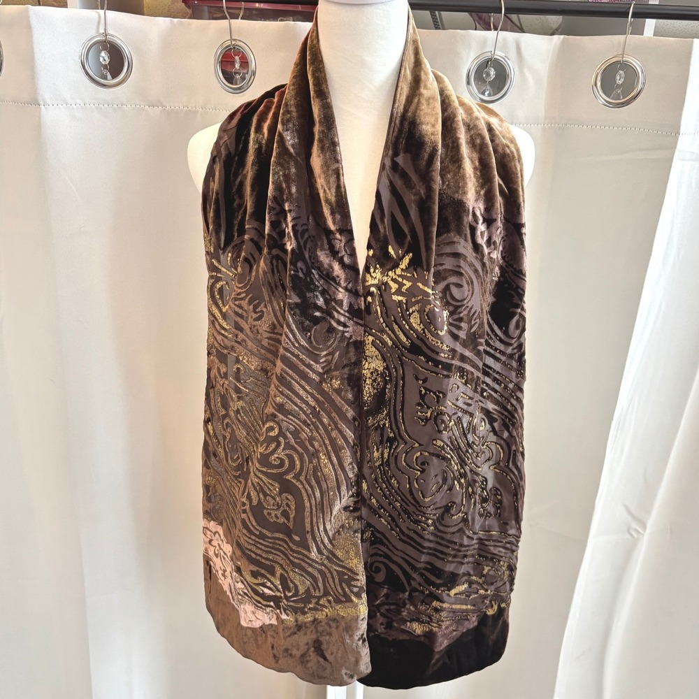 Vtg J&X NY Velvet Burnout Silk Blend Brown Gold Paisley Old Money Whimsy 19866